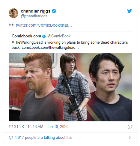 چندلر ریگز، بازیگر نقش دوست داشتنی کارل گریمز، پسر ریک، در سریال محبوب «مردگان متحرک» (The Walking Dead) در حساب توئیتری خود پیامی گذاشته که به نظر می رسد خبر بازگشت او به سریال یا دستکم دنیای آن باشد.